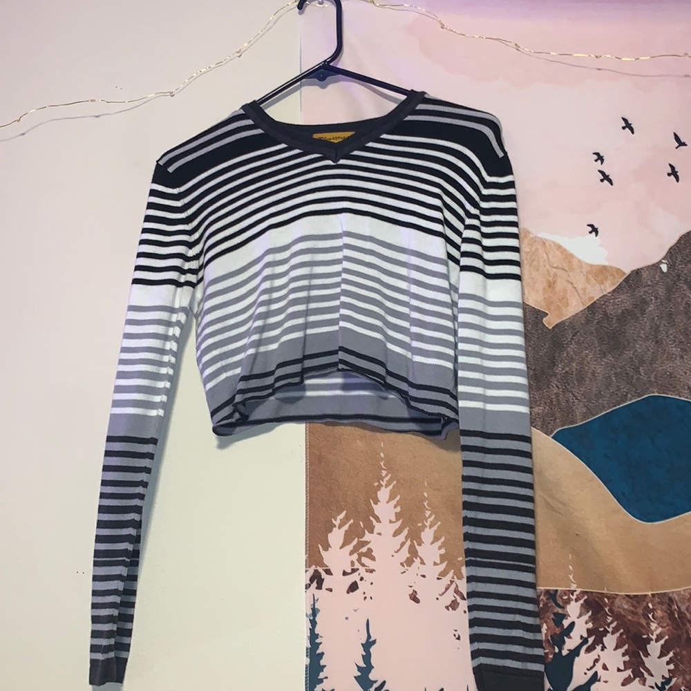 Black and Grey White Striped Long-Sleeve Crop Top